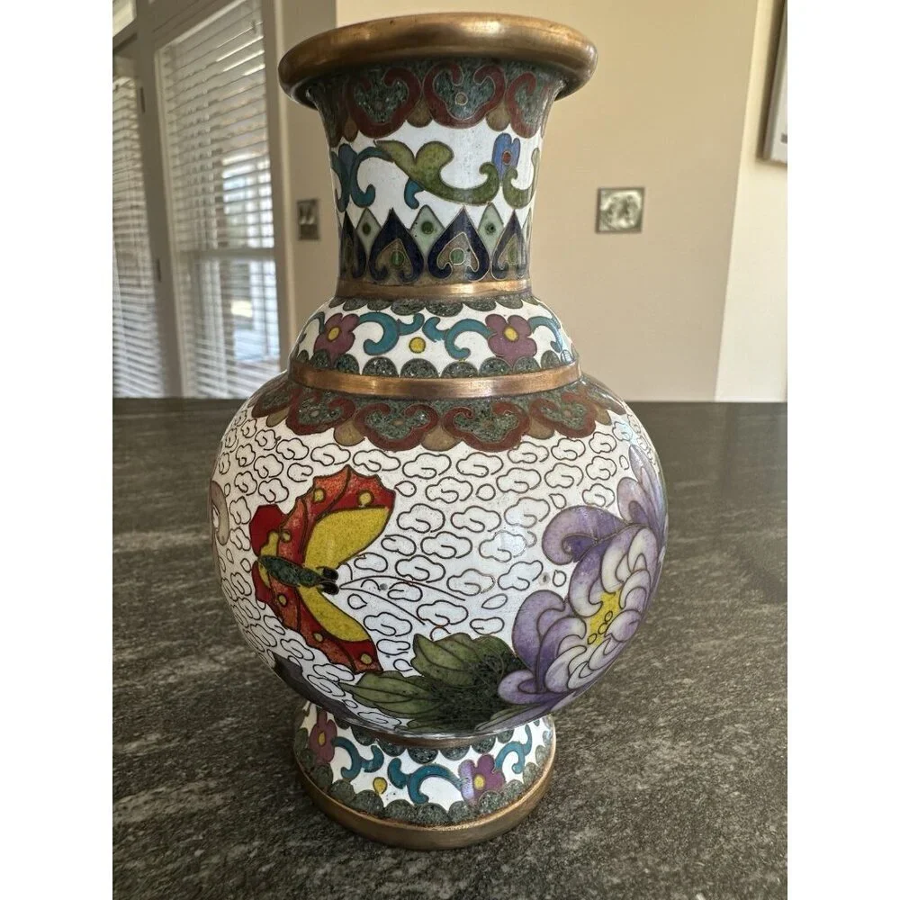 Chinese Cloisonné Vase 6” Height Porcelain Enamel Floral Butterfly Colorful